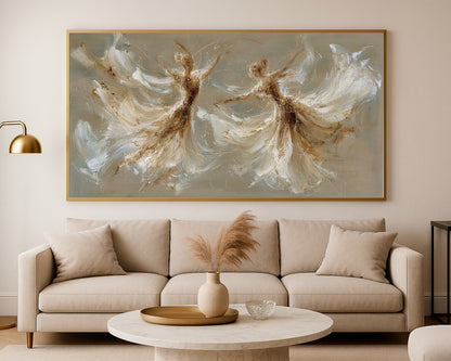 Refined figure wall art with sweeping white shapes, warm taupe shadows, and subtle gold movement across the composition.