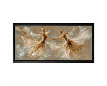 Panoramic abstract dancer figure wall art with two flowing ivory forms, soft taupe background, and gold accents.
