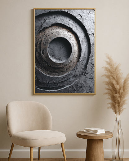 Moody geometric abstract artwork featuring layered circular forms and rough stone-like texture.