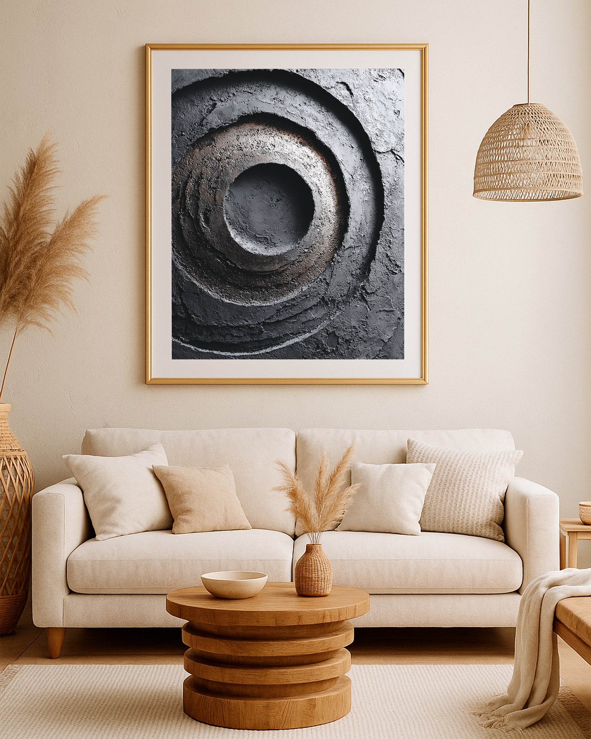 Black and gray abstract wall art with deep circular relief, shadowed texture, and modern minimalist mood.