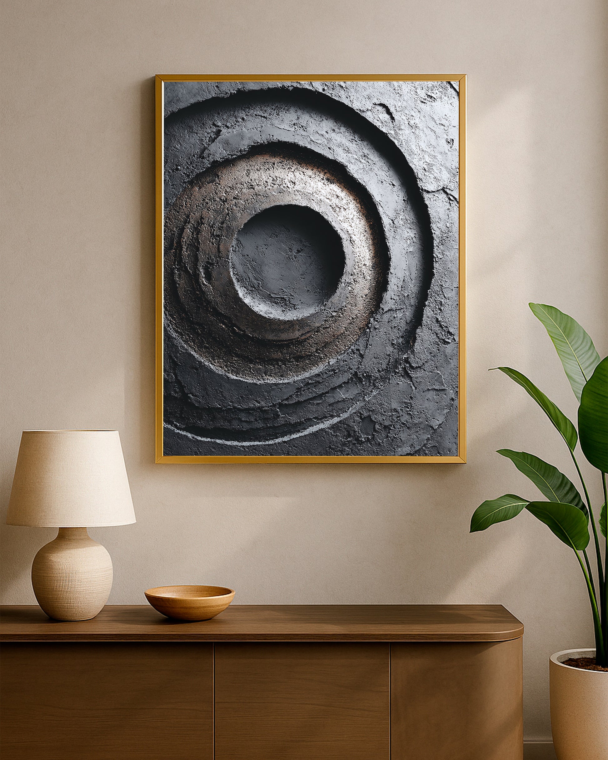 Textured abstract circle print with dark charcoal surface, concentric depth, and sculptural geometric detail.