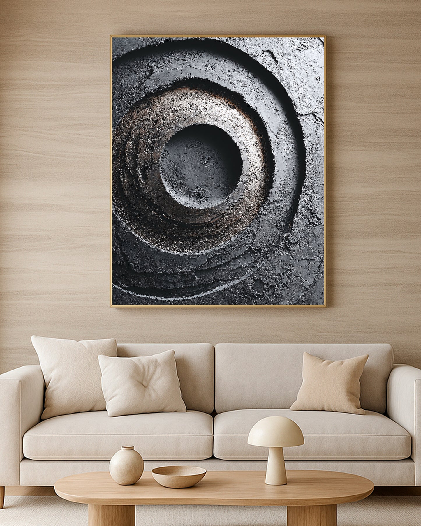 Modern dark abstract artwork showing rough circular rings in gray, black, and earthy brown tones.