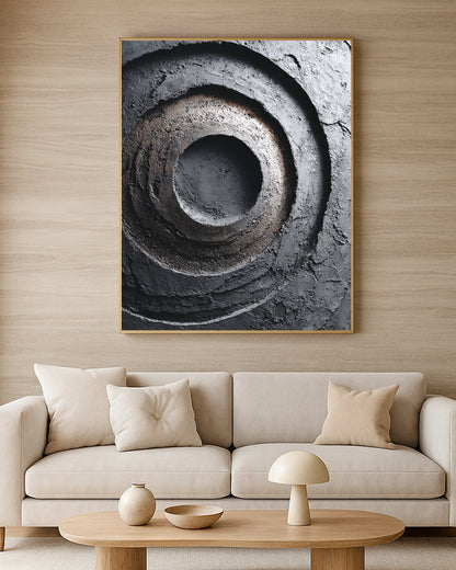 Modern dark abstract artwork showing rough circular rings in gray, black, and earthy brown tones.