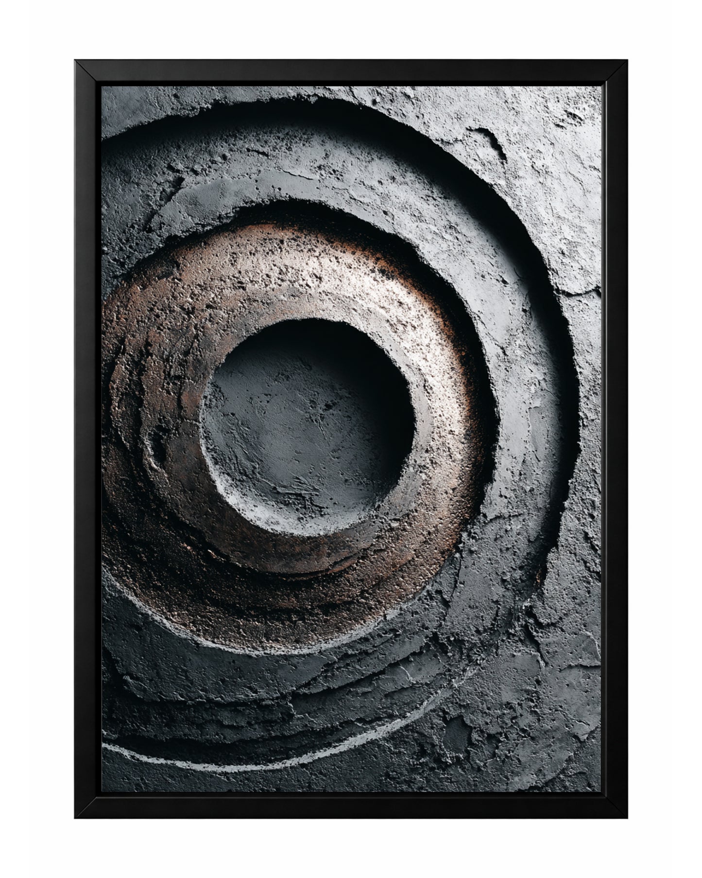 Dark abstract circle wall art with concentric textured rings in black, charcoal gray, and muted brown.
