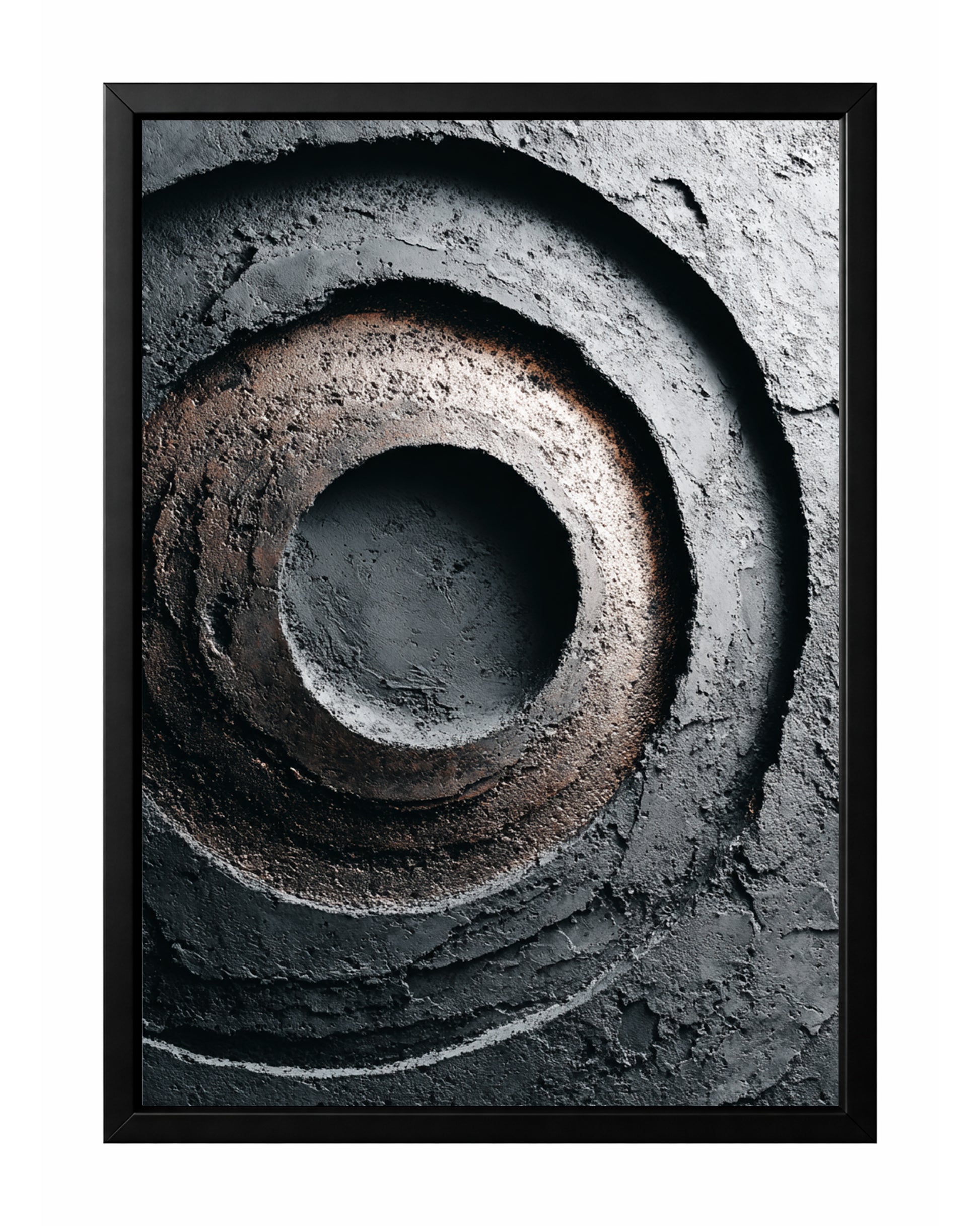 Dark abstract circle wall art with concentric textured rings in black, charcoal gray, and muted brown.
