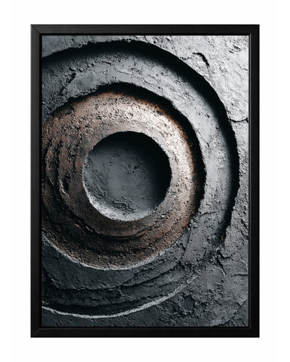 Dark abstract circle wall art with concentric textured rings in black, charcoal gray, and muted brown.