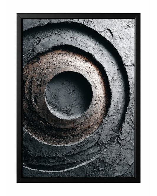 Dark abstract circle wall art with concentric textured rings in black, charcoal gray, and muted brown.