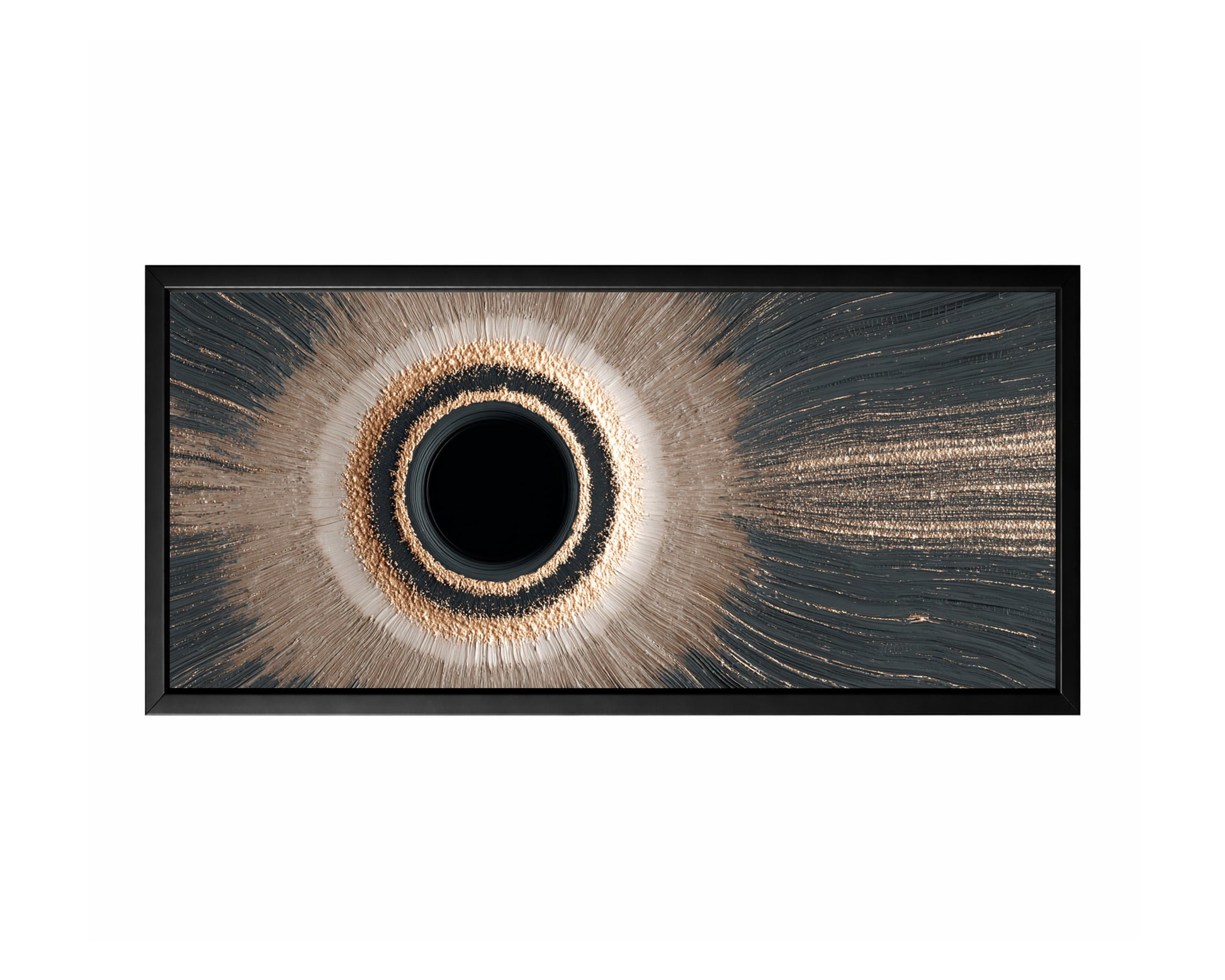 Panoramic abstract wall art featuring a dark central eclipse circle with glowing beige and gold radiating textures across a gray background