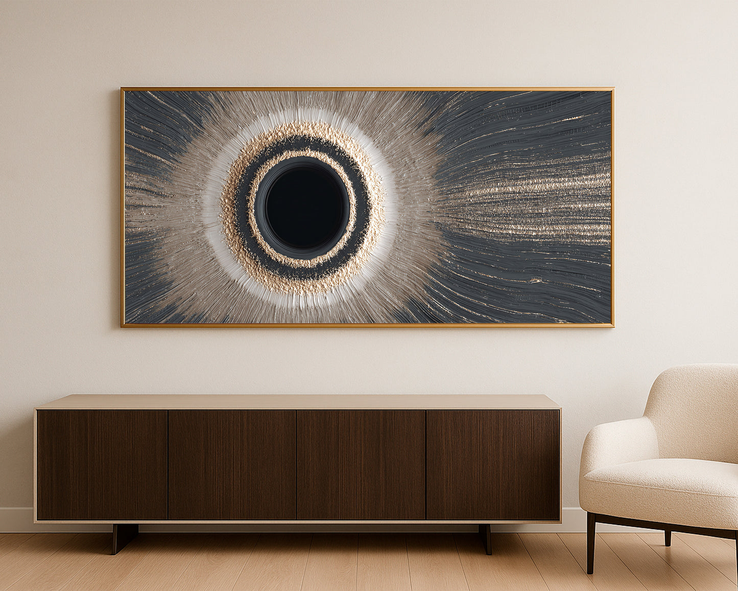 Celestial-inspired panoramic wall decor showing a dark orb surrounded by radiant light and flowing charcoal wave patterns