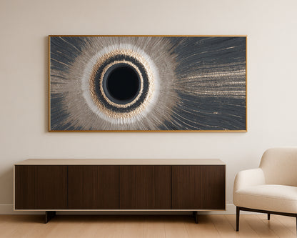 Celestial-inspired panoramic wall decor showing a dark orb surrounded by radiant light and flowing charcoal wave patterns