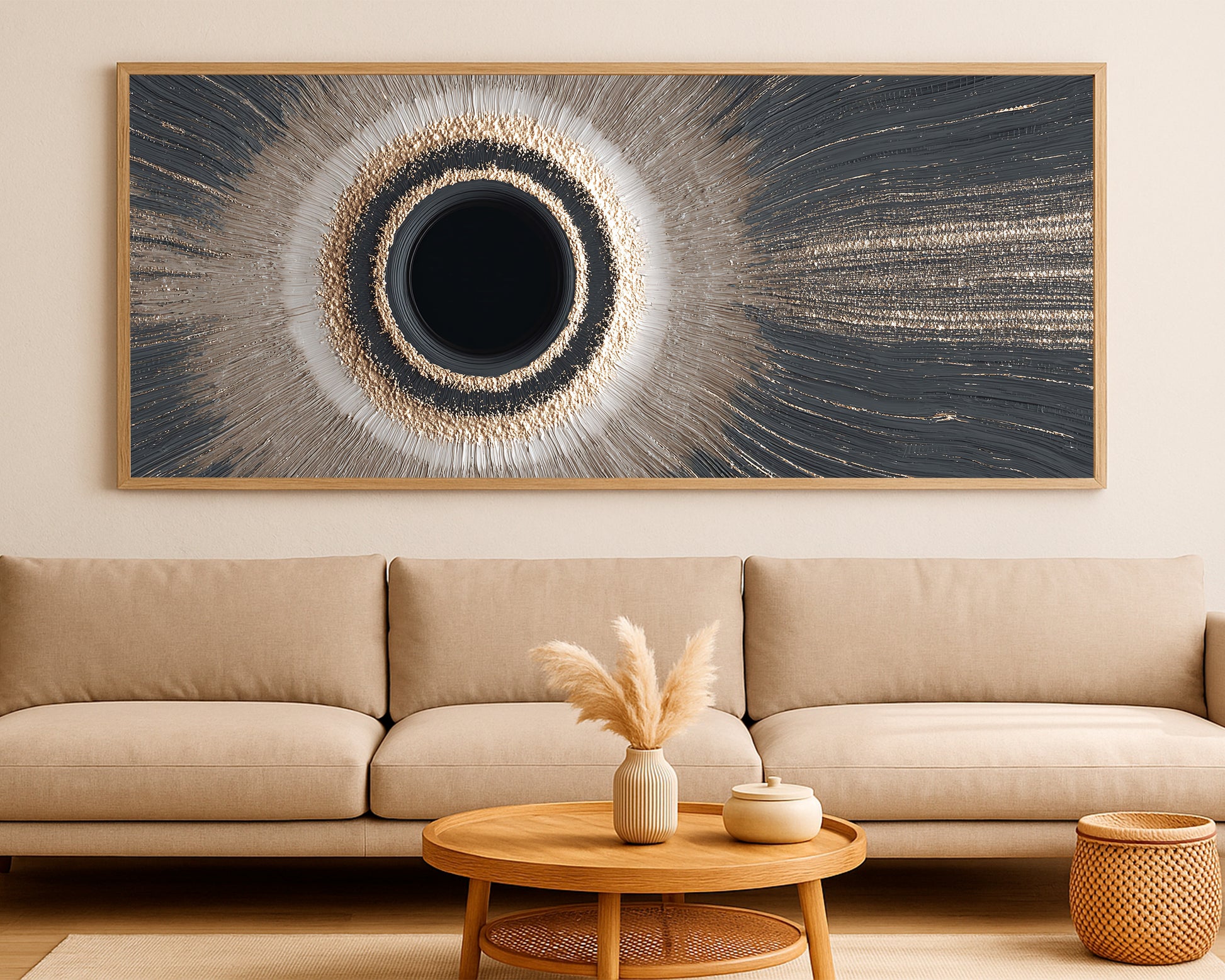 Luxury abstract panorama with an eclipse motif, shimmering gold textures, and soft neutral movement across a horizontal composition