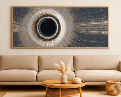 Luxury abstract panorama with an eclipse motif, shimmering gold textures, and soft neutral movement across a horizontal composition