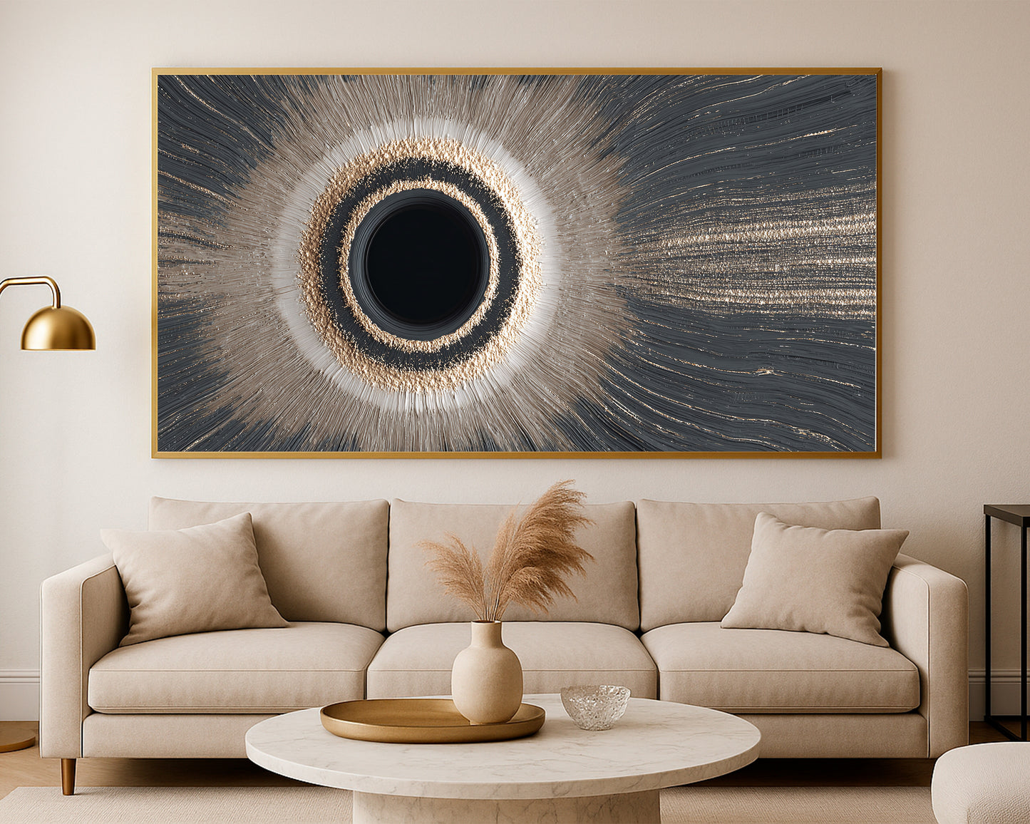 Statement wall art featuring a dark center circle, glowing ring, and elegant radiating lines in muted gray and warm gold tones