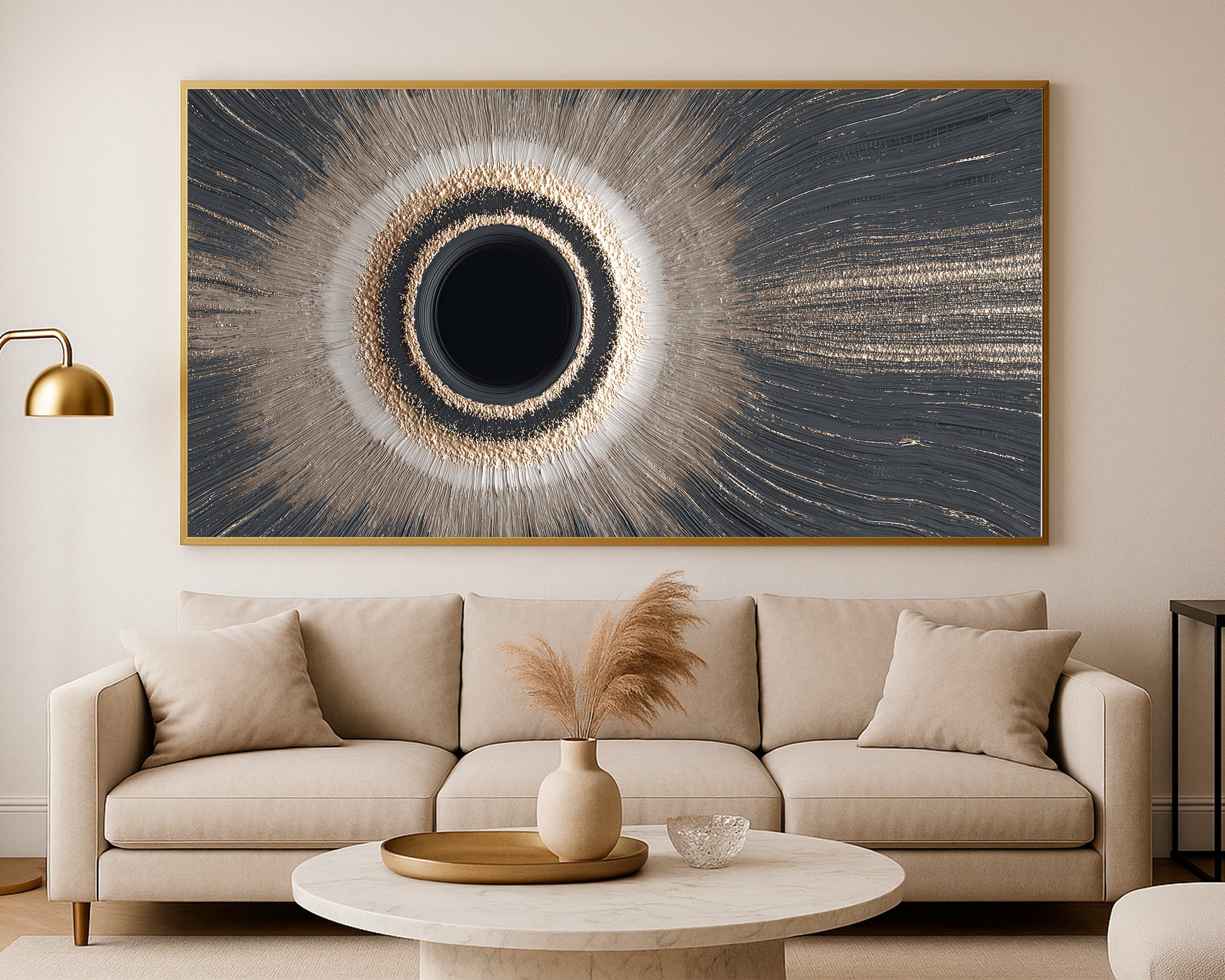 Statement wall art featuring a dark center circle, glowing ring, and elegant radiating lines in muted gray and warm gold tones