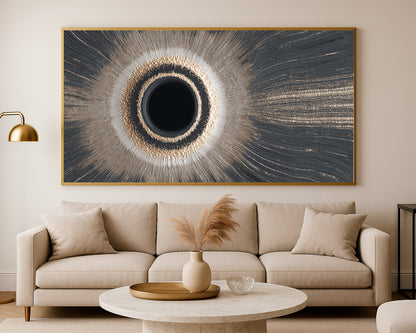 Statement wall art featuring a dark center circle, glowing ring, and elegant radiating lines in muted gray and warm gold tones