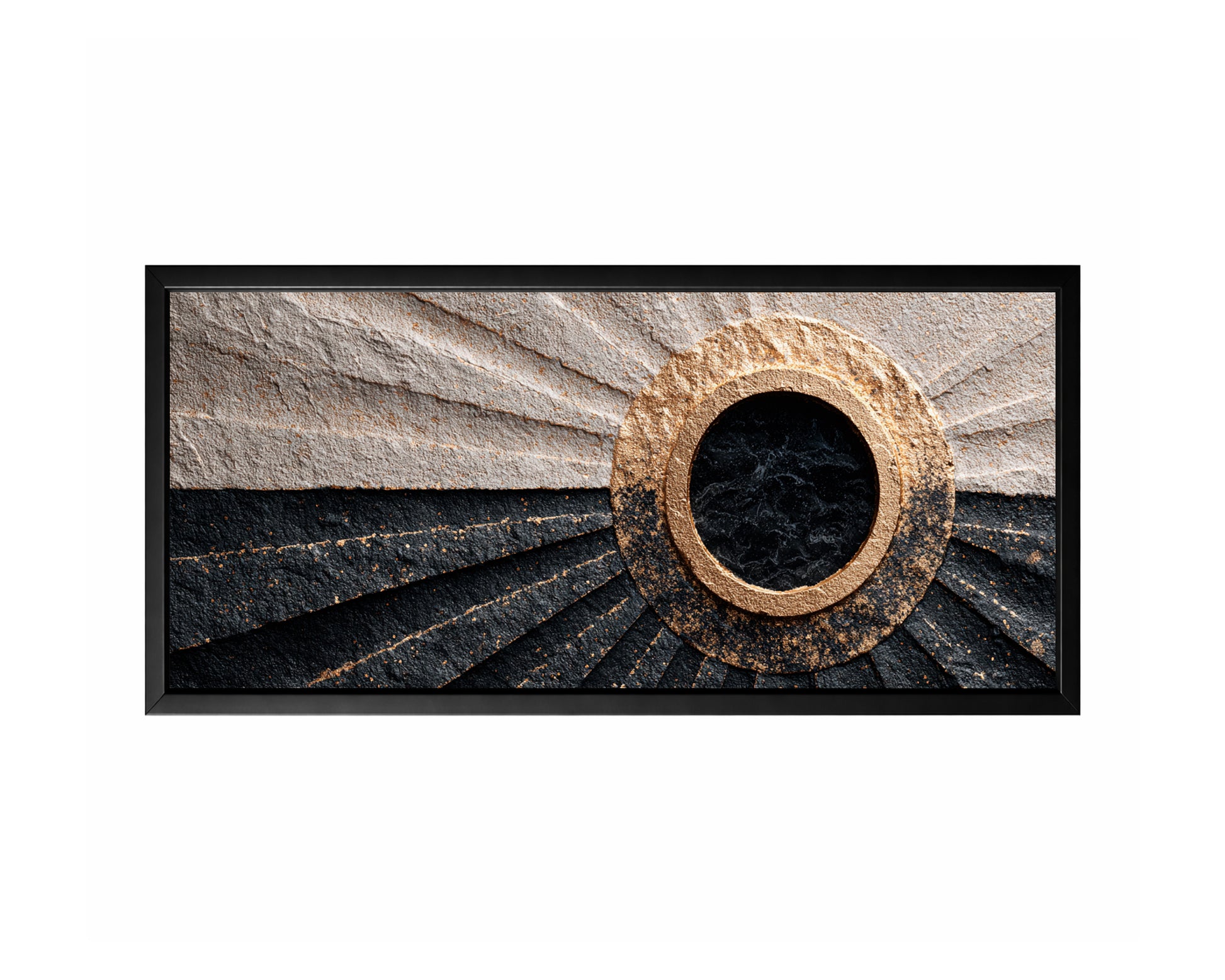 Panoramic geometric abstract wall art with a black central circle, gold ring, and fan-like black and beige textured shapes