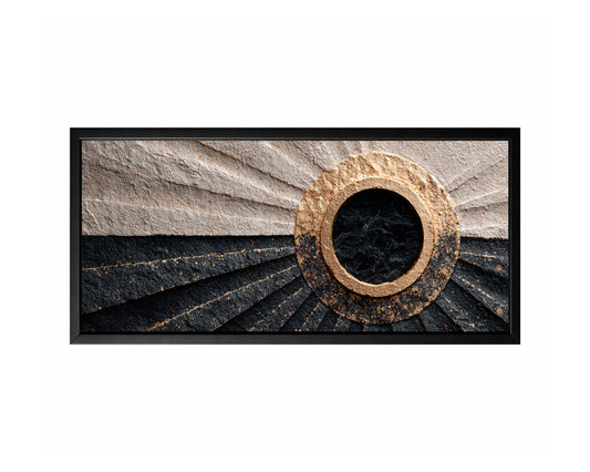 Panoramic geometric abstract wall art with a black central circle, gold ring, and fan-like black and beige textured shapes