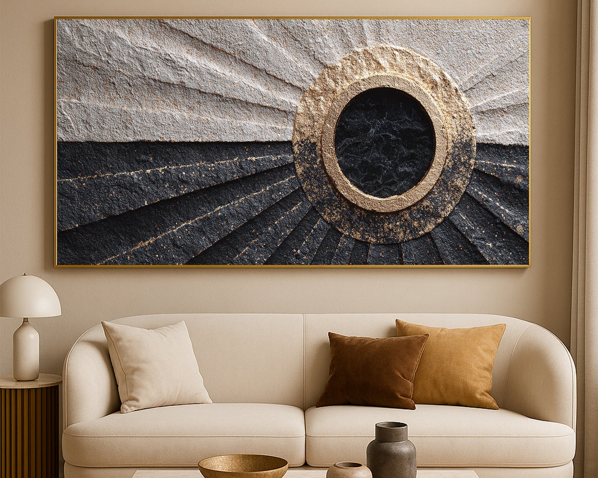 Modern wide wall print featuring an eclipse-style circle with layered gold details on a structured black and cream abstract background
