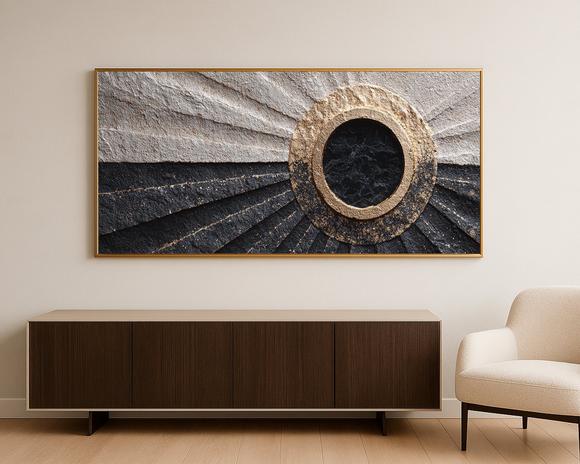 Contemporary panoramic decor showing a dark circular focal point framed by geometric rays and textured neutral paper-like surfaces