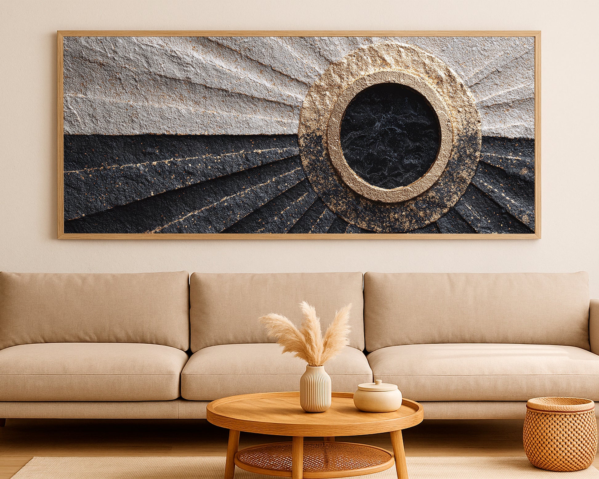 Minimalist abstract wall art with a central black orb, metallic gold accents, and bold architectural fan segments in beige and charcoal