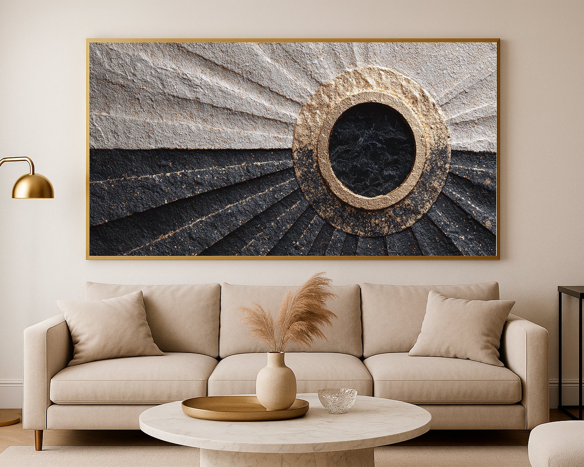 Statement panorama featuring a dark circle with gold edging and radiating geometric textures across a neutral abstract composition