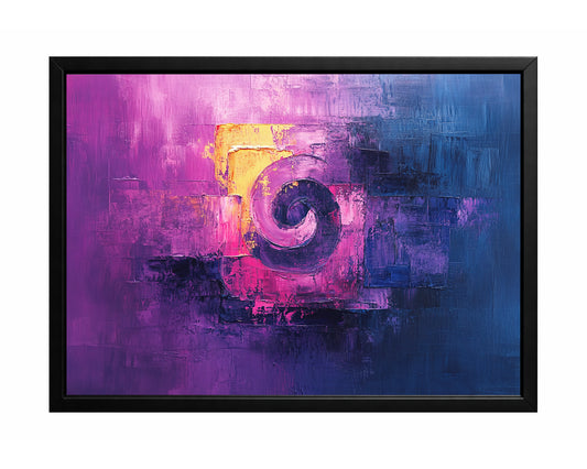 Purple blue abstract wall art with a central spiral form and layered geometric textures