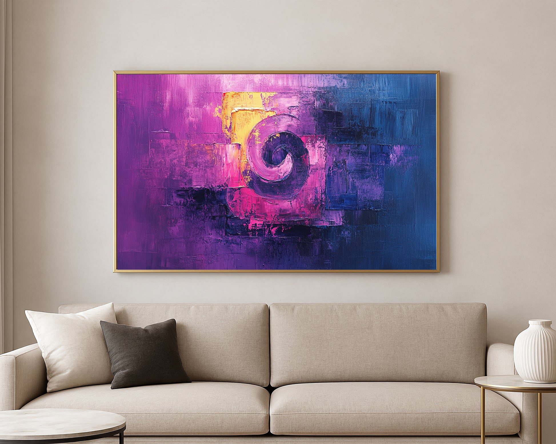 Textured abstract artwork featuring vivid pink, purple, and deep blue tones with luminous highlights