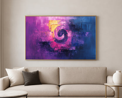 Textured abstract artwork featuring vivid pink, purple, and deep blue tones with luminous highlights