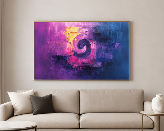 Textured abstract artwork featuring vivid pink, purple, and deep blue tones with luminous highlights