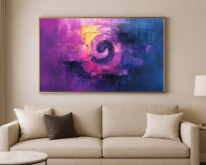 Modern abstract wall art with structured blocks, expressive brushwork, and a bold circular motif