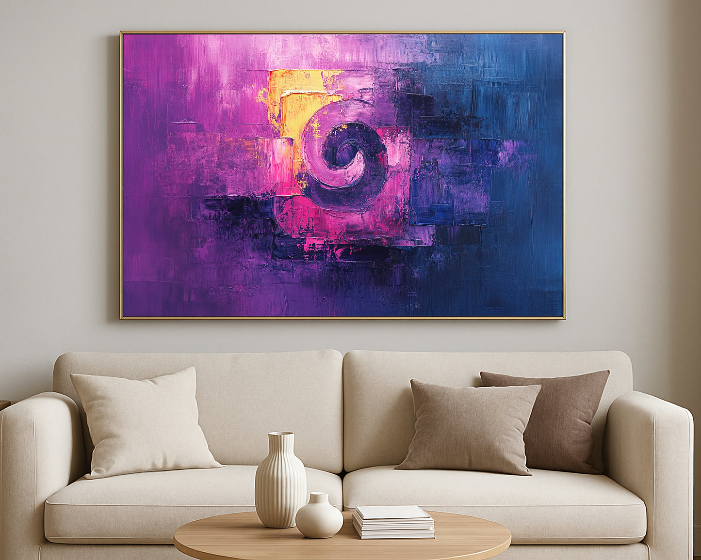 Contemporary statement artwork in purple and blue with rich texture and dramatic color contrast