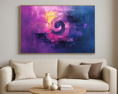 Contemporary statement artwork in purple and blue with rich texture and dramatic color contrast