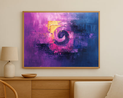Geometric abstract wall decor with a glowing spiral center and layered painterly surface