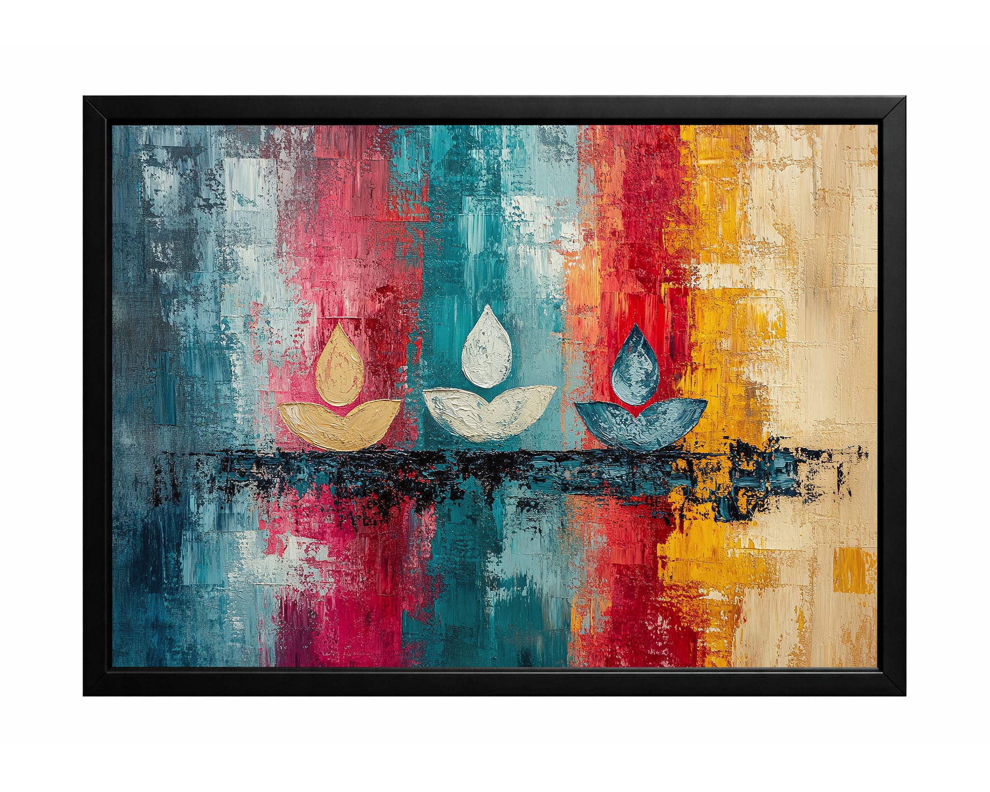Colorful lotus abstract wall art with three lotus-inspired forms over a textured teal, pink, and gold background