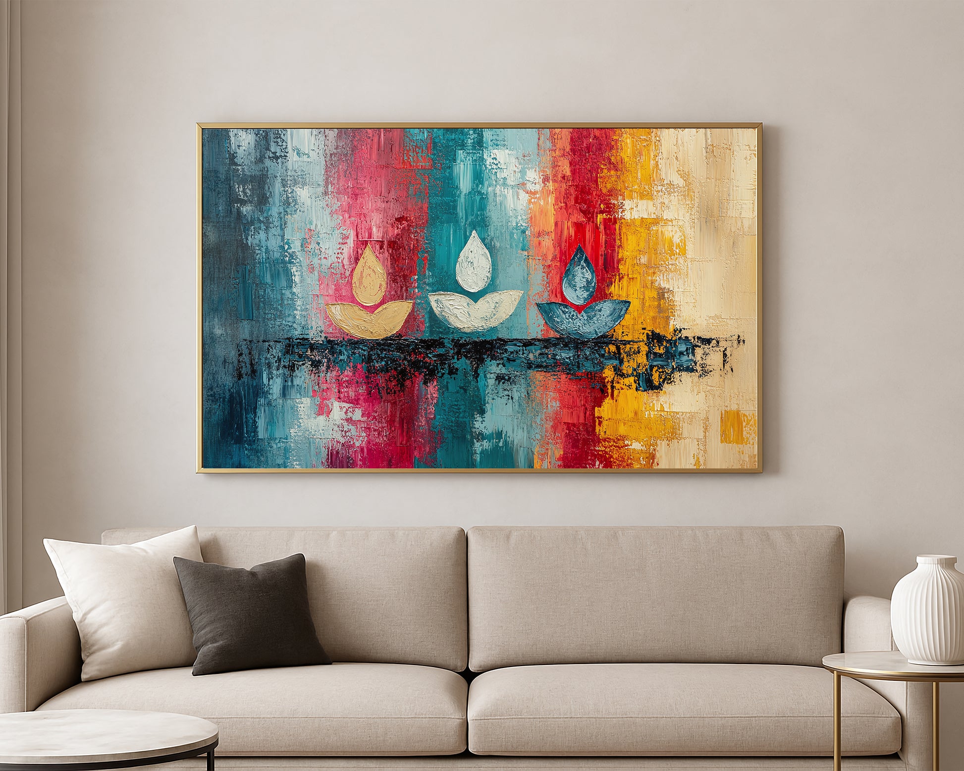 Textured abstract artwork featuring stylized lotus shapes with reflective painterly details in vibrant jewel tones