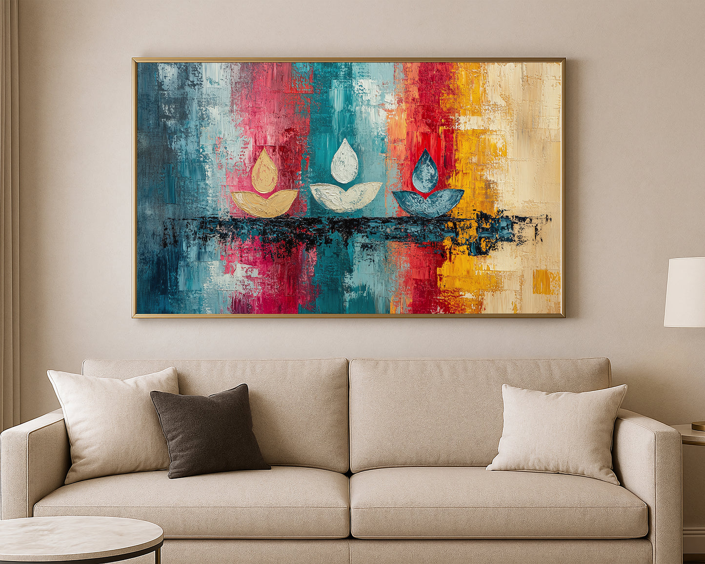 Modern spiritual wall art with lotus motifs in teal, red, cream, and gold on a layered abstract surface