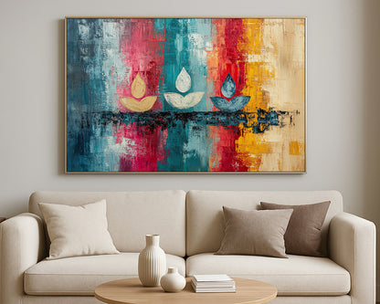 Contemporary abstract print with three floral forms and bold textured blocks in pink, blue, and golden hues