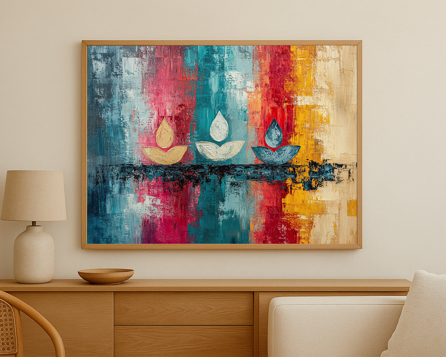 Lotus-inspired wall decor with expressive brushwork, rich color contrast, and a reflective abstract composition