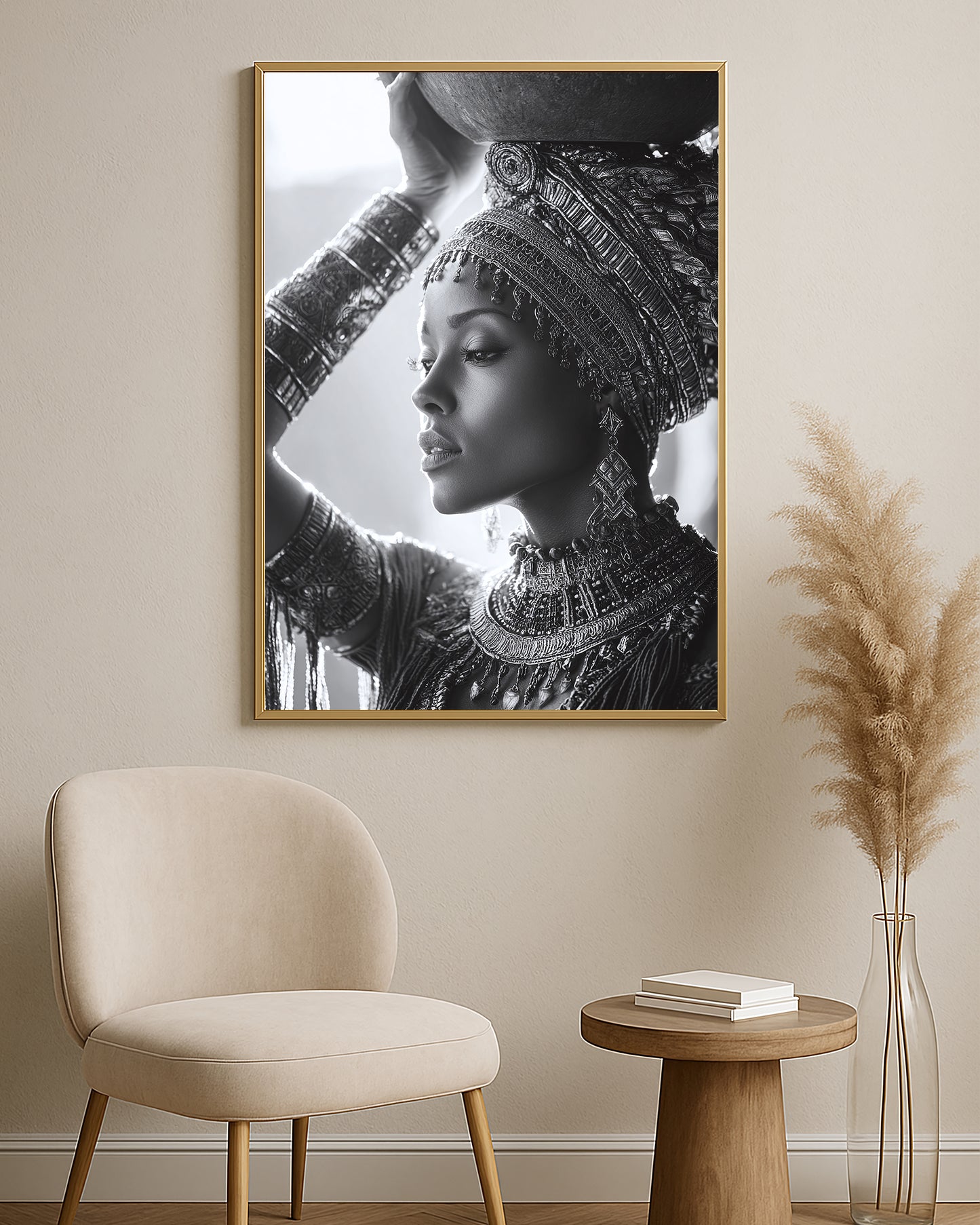 Monochrome portrait wall art showing a woman in detailed traditional-style adornments and side profile.