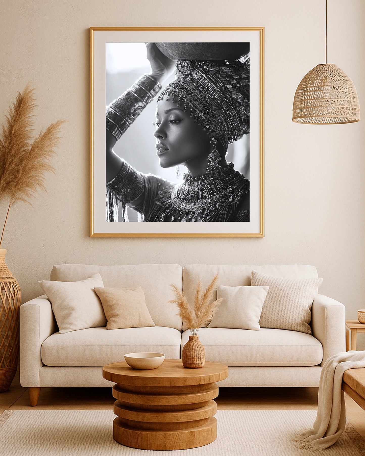 Elegant black and white female portrait with sculptural headwear, layered jewelry, and dramatic lighting.