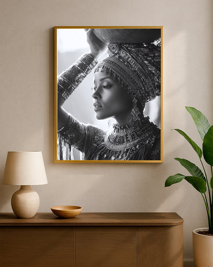 African-inspired portrait artwork featuring a woman holding a vessel with ornate accessories and refined contrast.