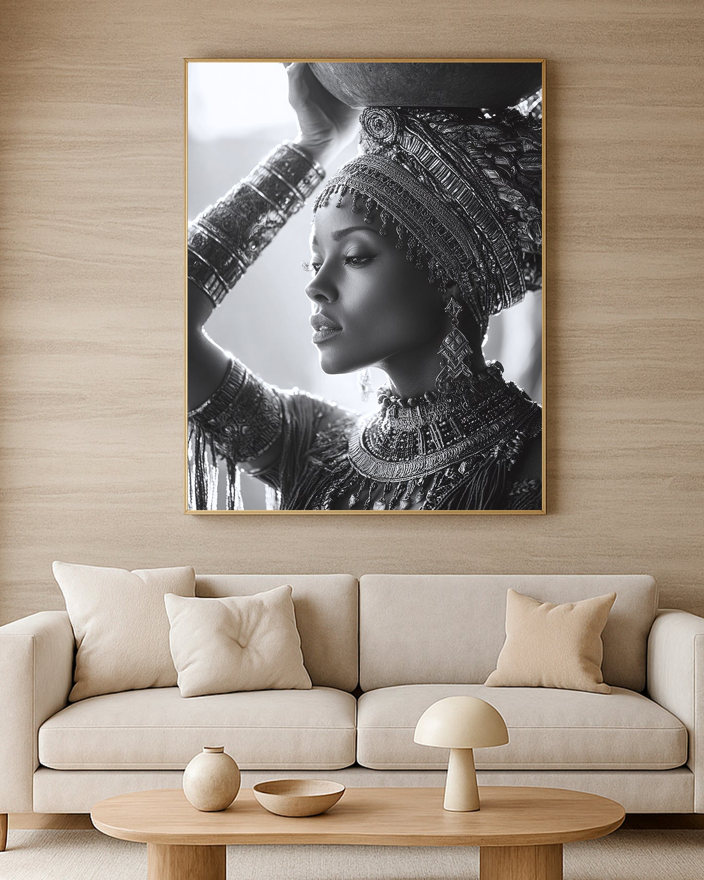 Dramatic woman portrait print with detailed jewelry, patterned headpiece, and monochrome fine art style.