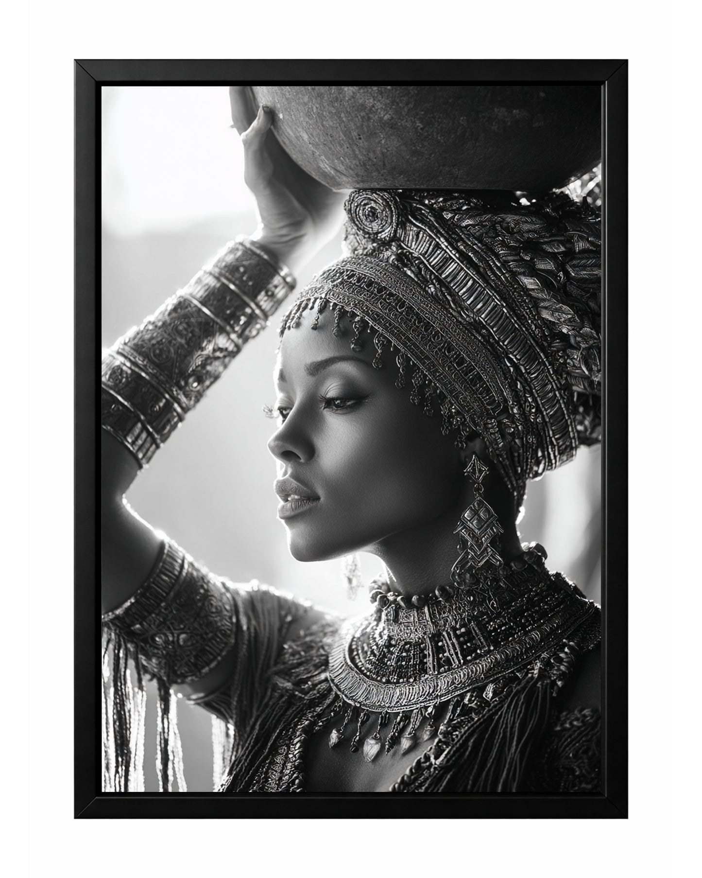 Black and white African-inspired woman portrait with ornate jewelry, headpiece, and vessel above her head.