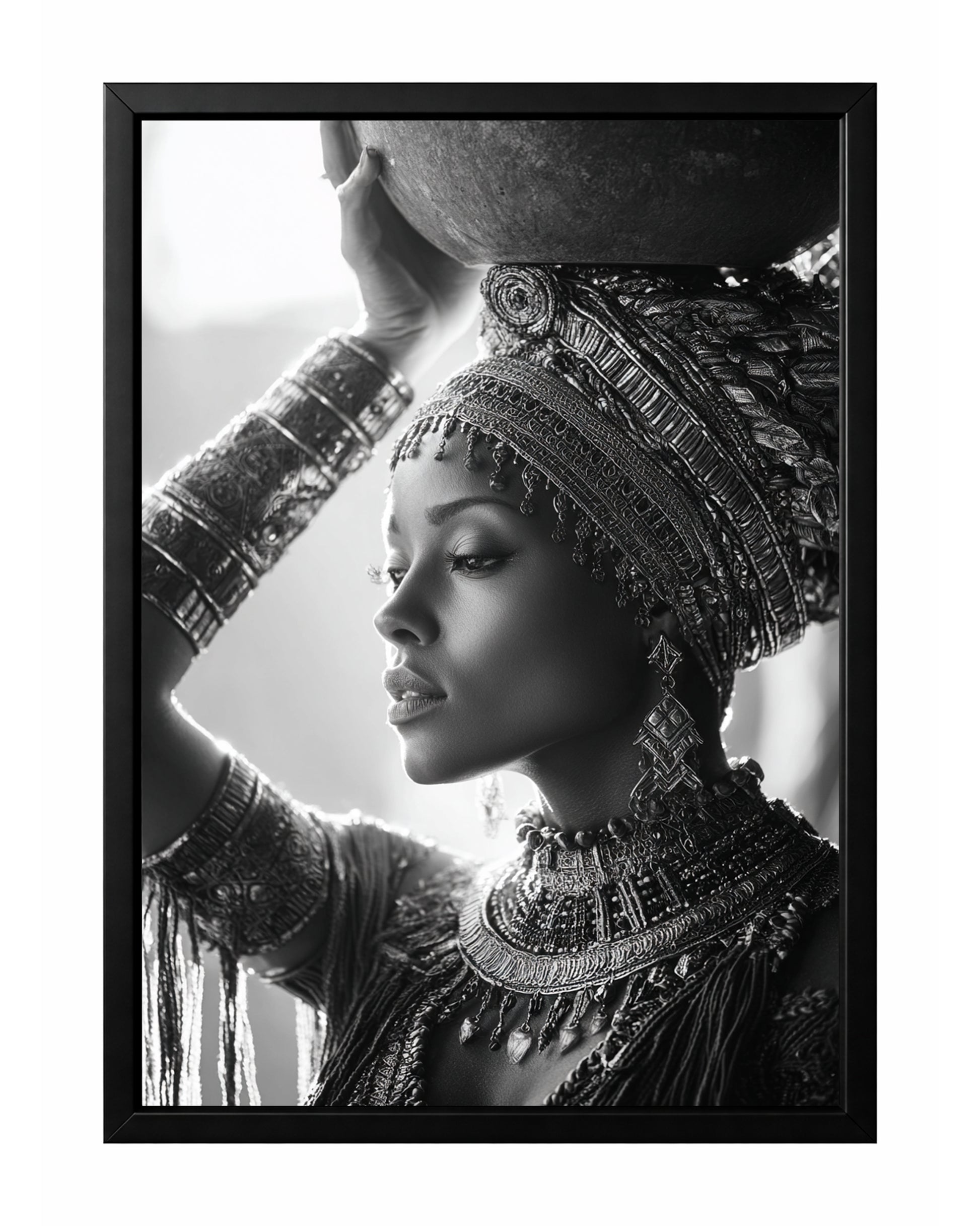 Black and white African-inspired woman portrait with ornate jewelry, headpiece, and vessel above her head.
