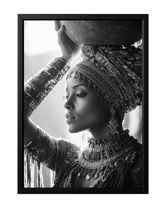 Black and white African-inspired woman portrait with ornate jewelry, headpiece, and vessel above her head.