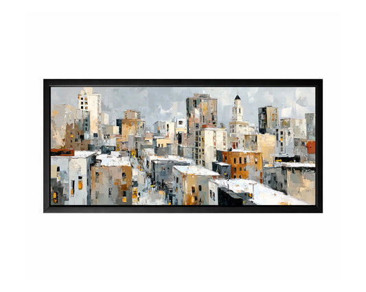 Panoramic abstract city skyline with neutral gray, ivory, beige, and warm gold textured buildings.