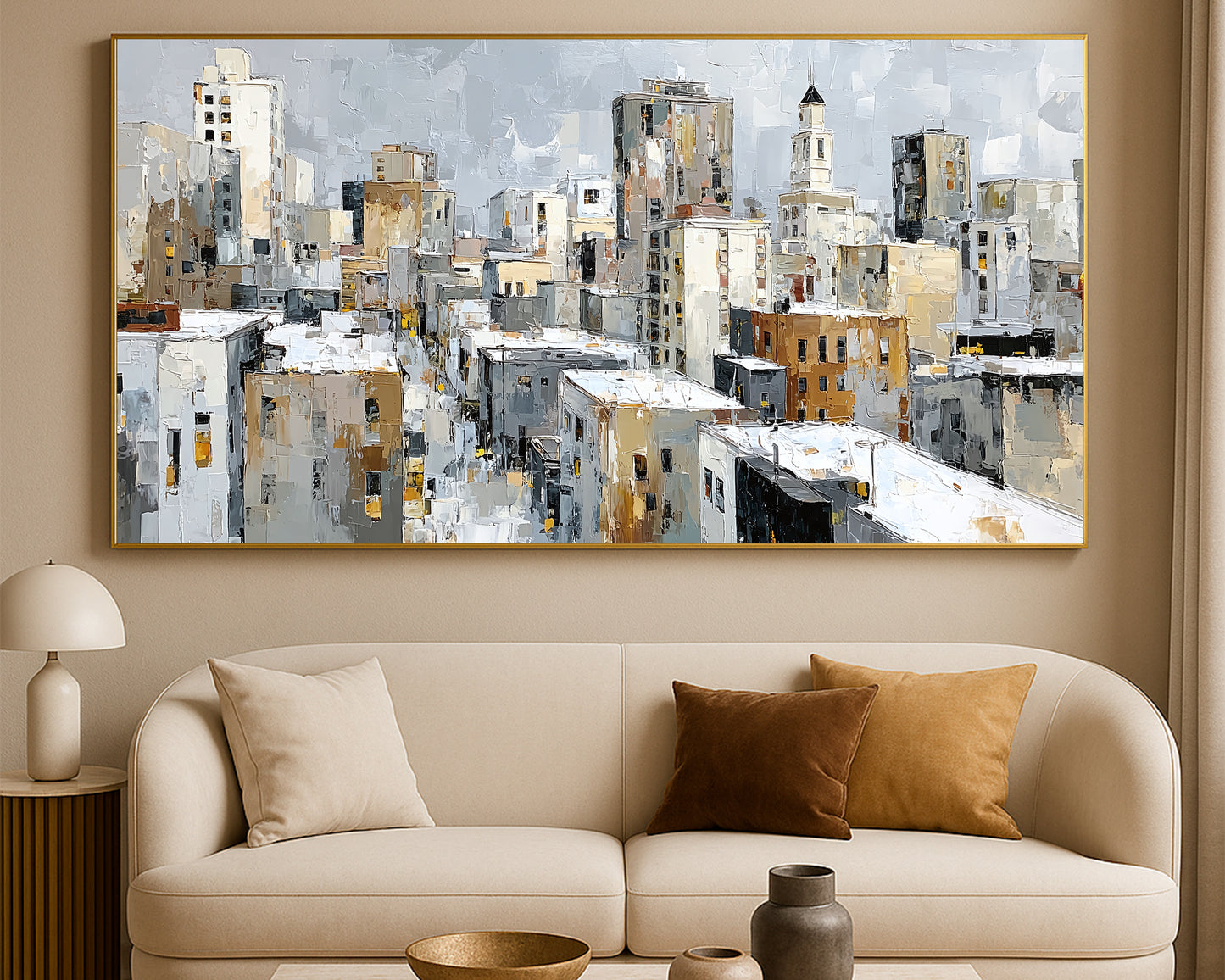 Neutral abstract urban skyline artwork with layered buildings, pale rooftops, and soft gray brushwork.