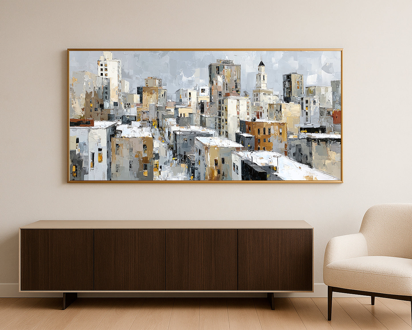 Textured cityscape wall art featuring modern architectural blocks in gray, cream, beige, and gold tones.
