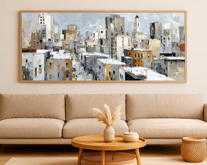 Panoramic neutral city skyline painting with abstract buildings, warm window accents, and soft urban atmosphere.