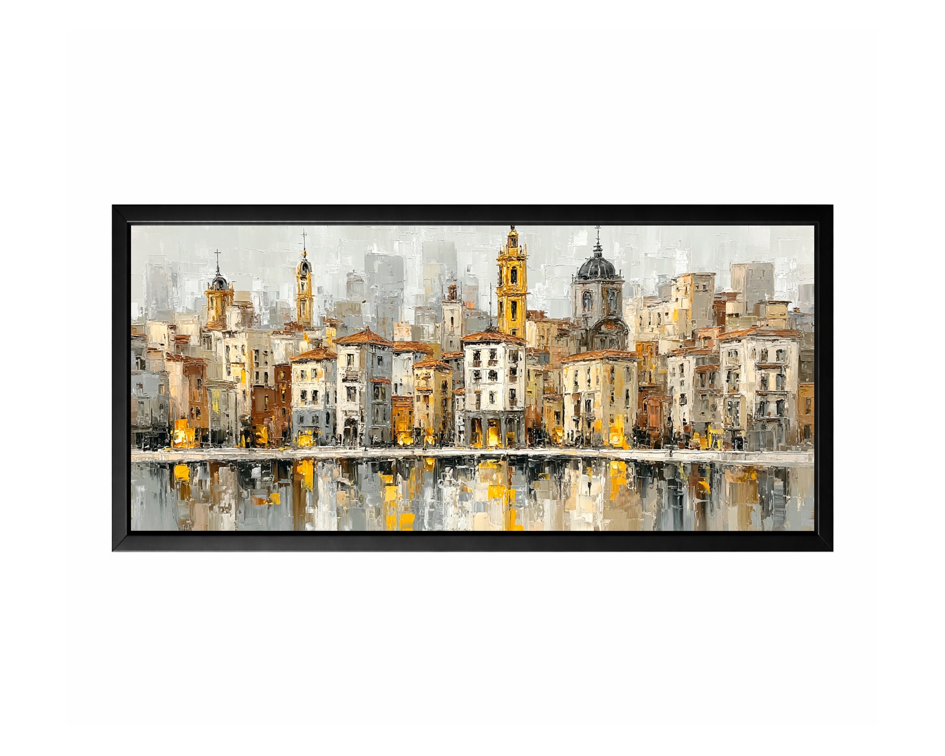 Panoramic European cityscape with historic buildings, domes, towers, warm gold lights, and water reflections.